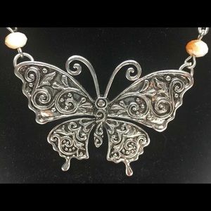 Butterfly 22” Necklace Silver-Tone Bead Accents